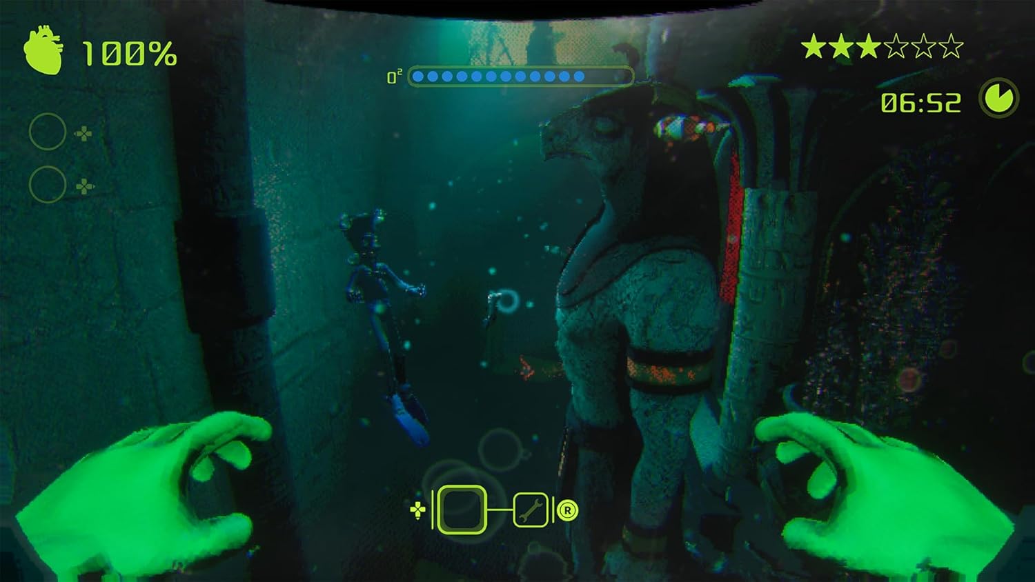 Scuba diving scene with underwater view and diver's perspective in a video game interface.