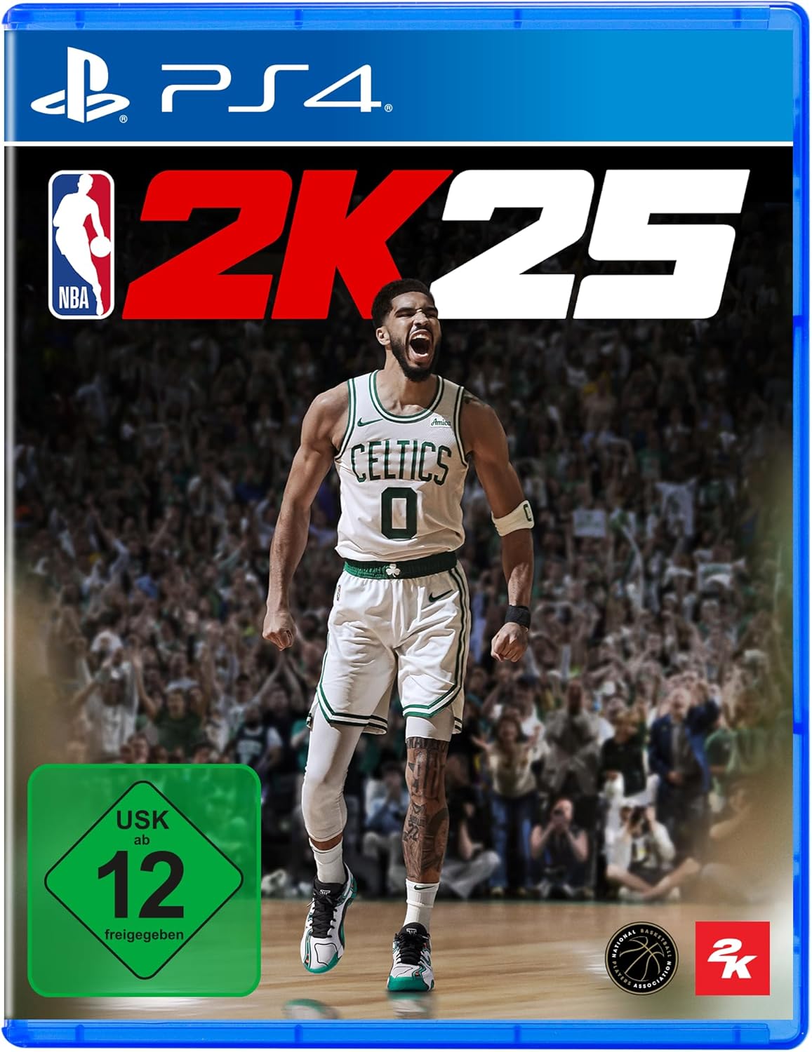 NBA 2K25 video game cover for PS4 with a player in a Celtics uniform on a blue border.