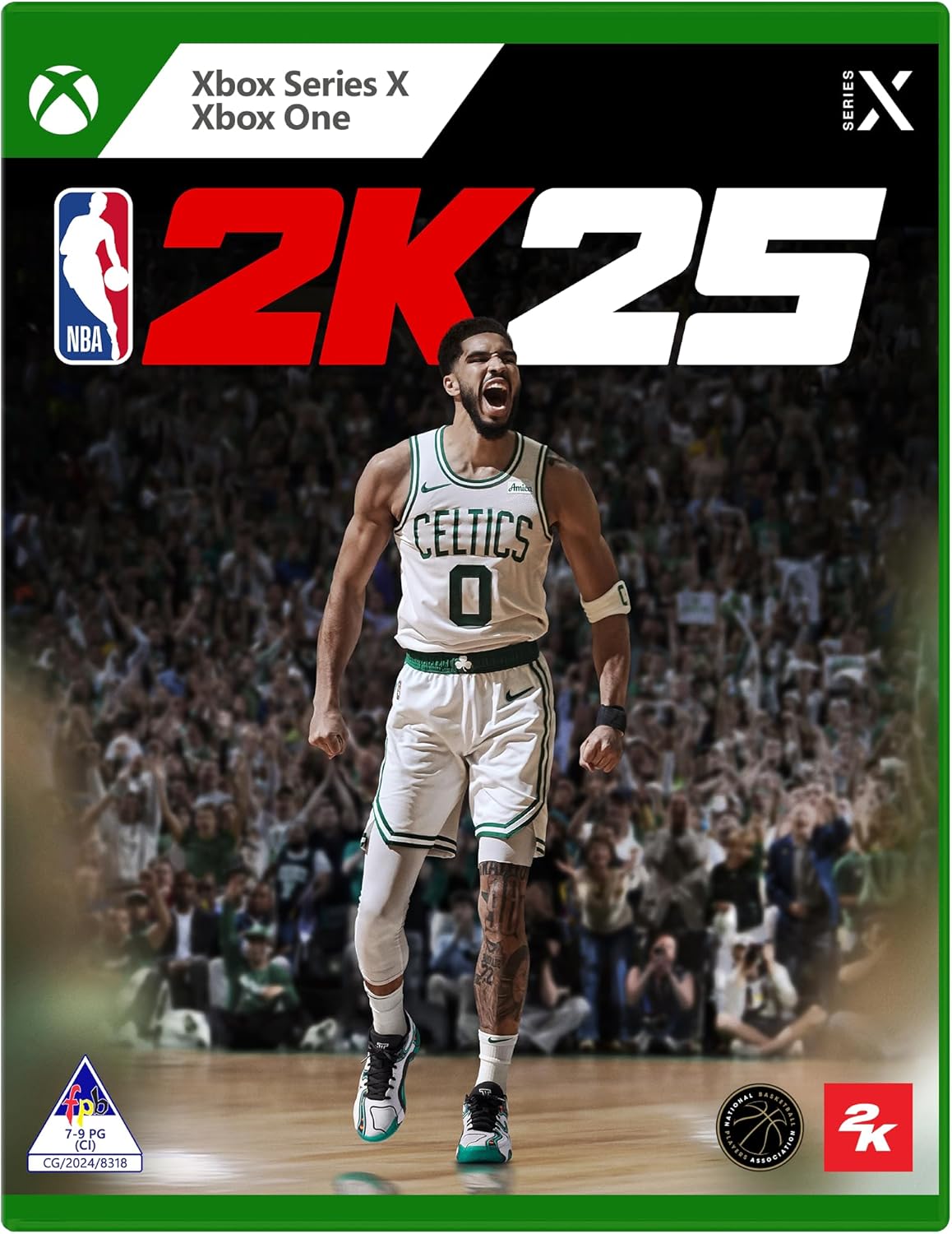 NBA 2K25 video game cover featuring a basketball player in a white jersey with 'Celtics' on the Xbox Series X and Xbox One platforms.