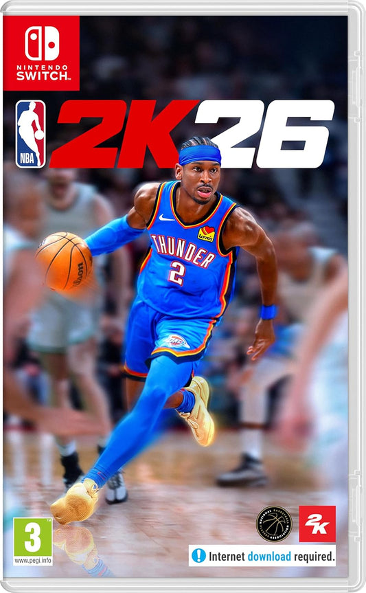 NBA 2K26 video game cover for Nintendo Switch with a player in a blue jersey dribbling a basketball.