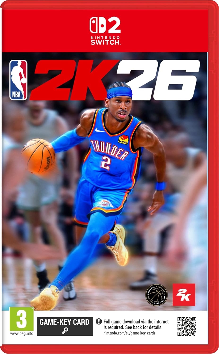 NBA 2K26 video game cover for Nintendo Switch with a player in a blue jersey holding a basketball.