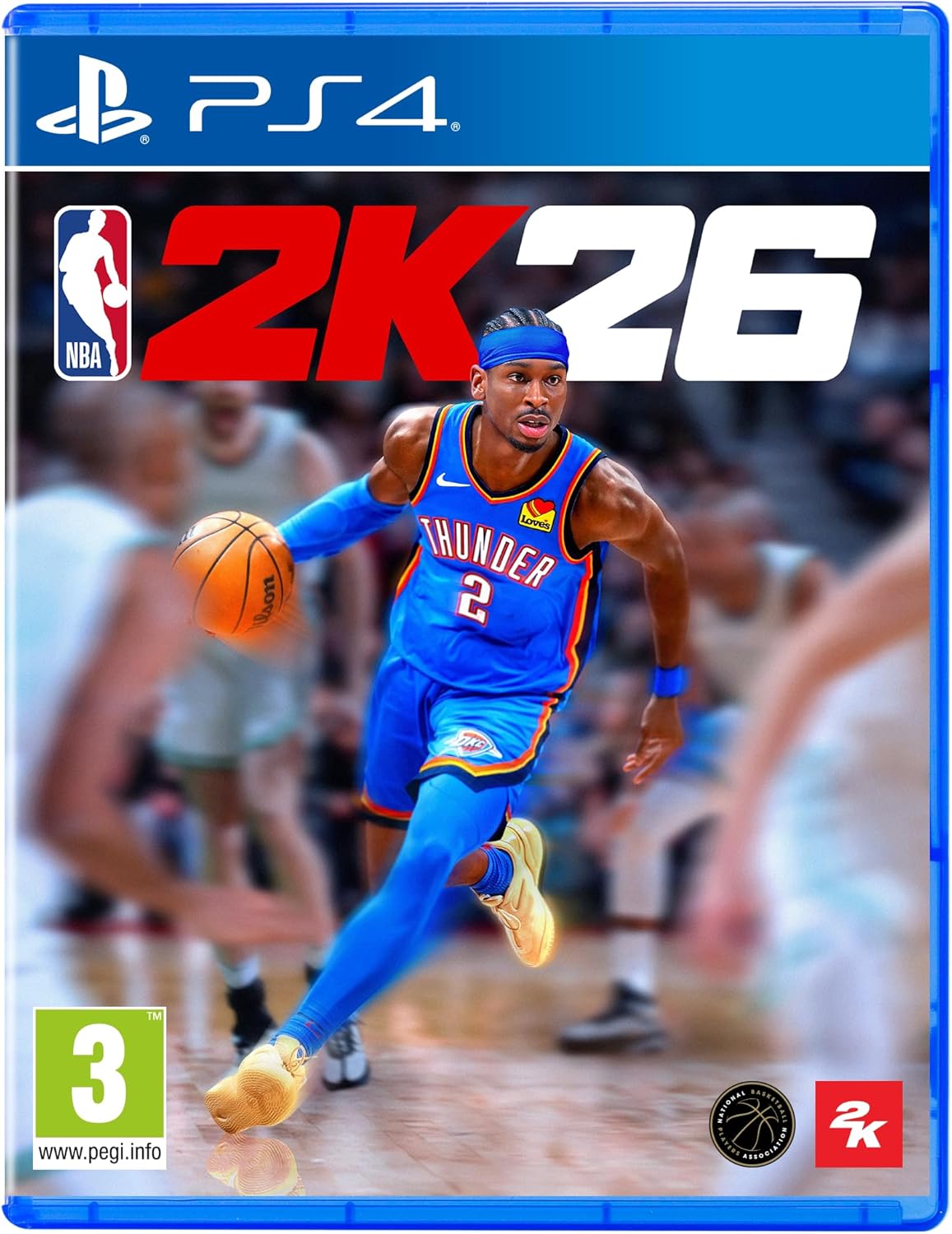 PS4 NBA 2K26 video game cover with a player in a blue jersey dribbling a basketball.
