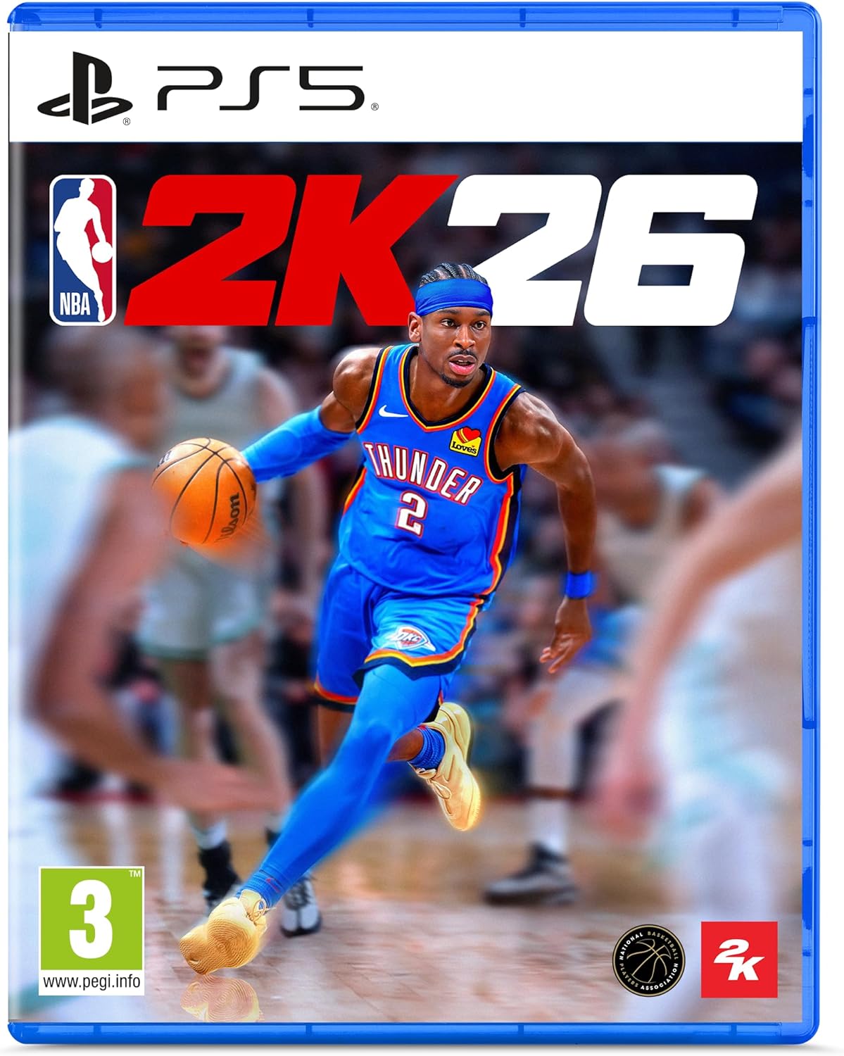 PS5 NBA 2K26 video game cover with a player in a blue jersey dribbling a basketball.