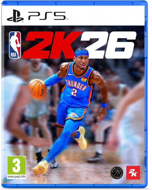 PS5 NBA 2K26 video game cover with a player in a blue jersey dribbling a basketball.