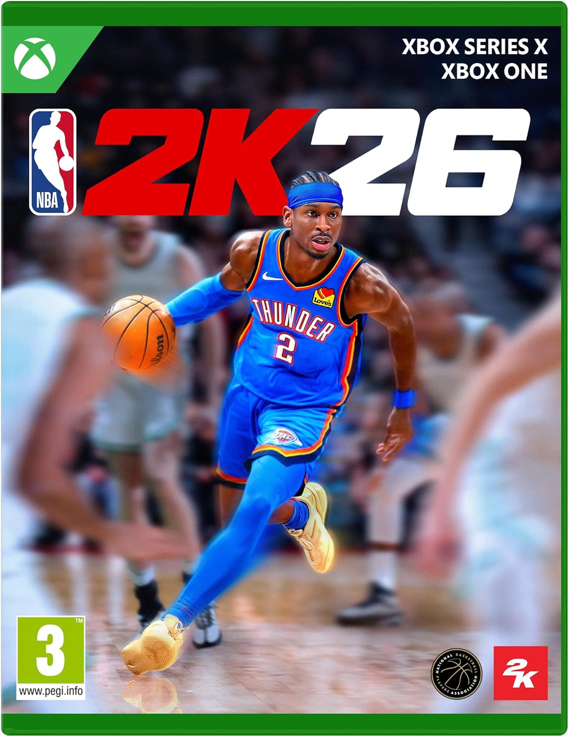 NBA 2K26 video game cover featuring a player in a blue jersey with a basketball.
