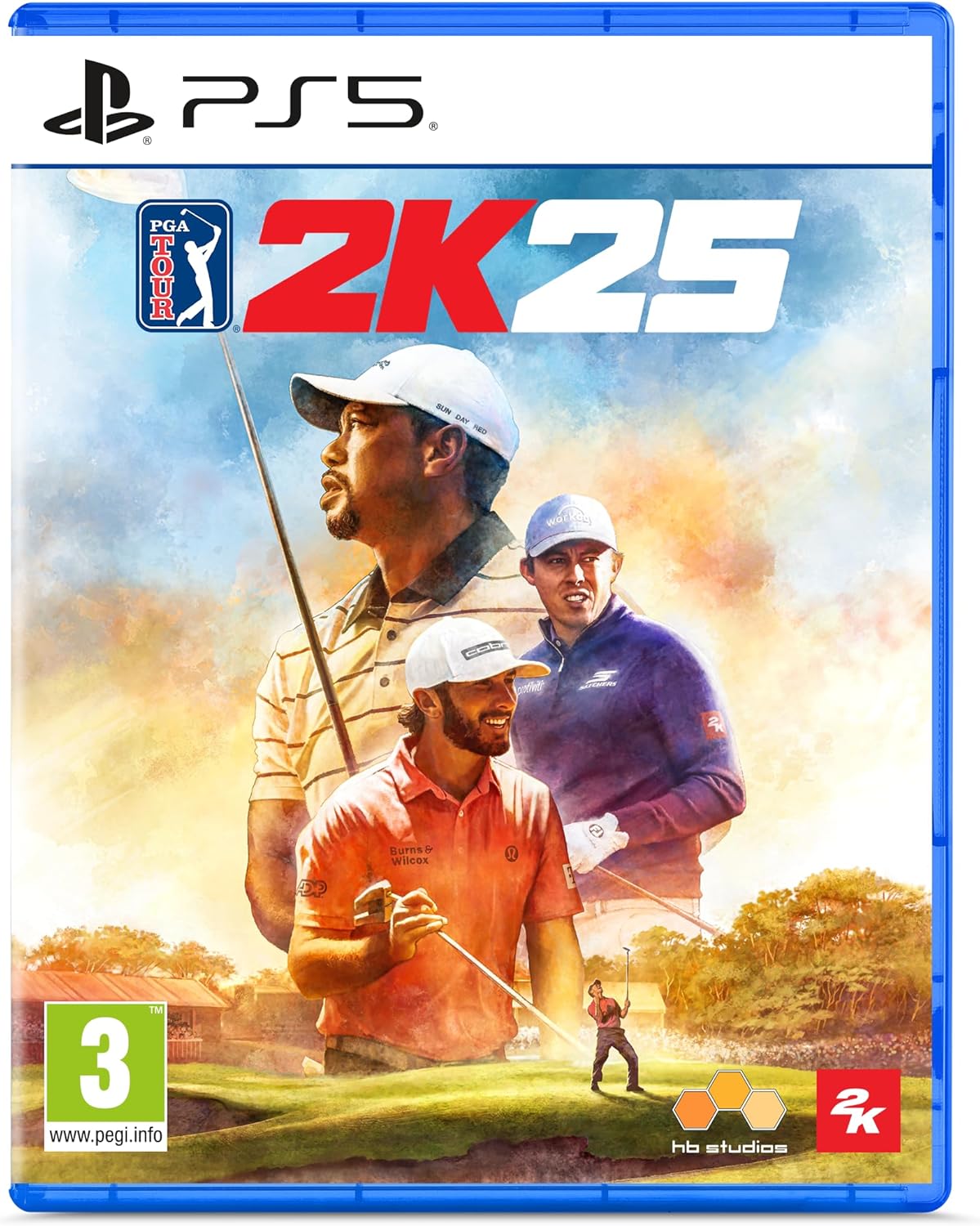 PlayStation 5 game disc cover for '2K25' featuring three golfers on a golf course.