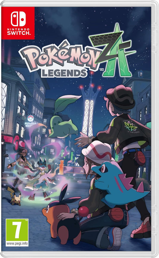 Pokémon Legends A® game cover for Nintendo Switch with characters and cityscape.