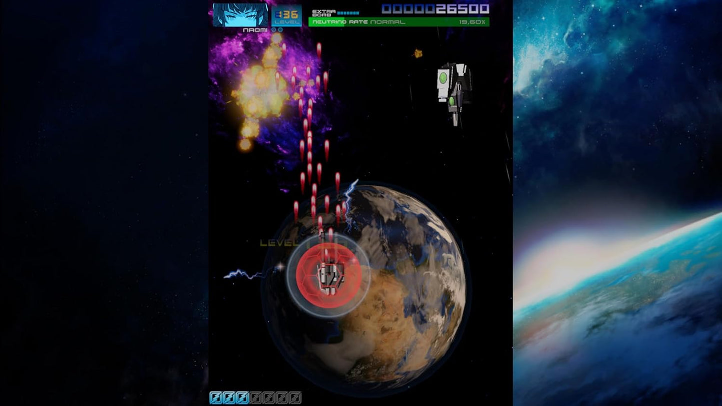 Space-themed video game with a spaceship and planet in the background