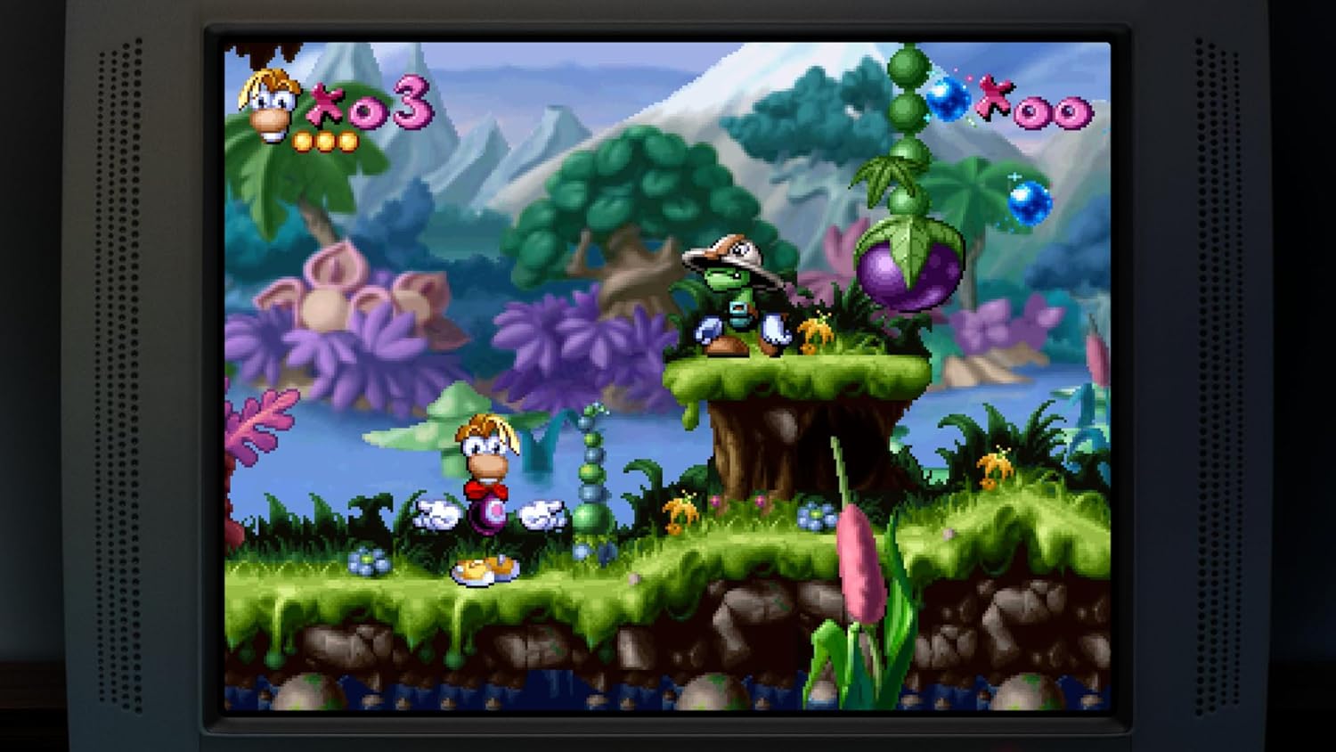 Video game screen displaying a colorful platformer scene with characters and enemies.