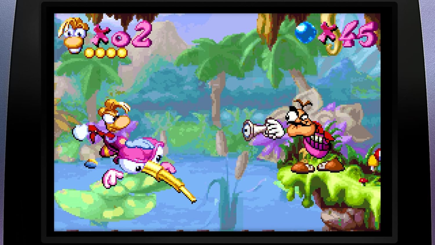 Cartoon characters in a colorful game scene with a jungle background