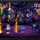 Video game screen displaying a colorful scene with characters and flames.