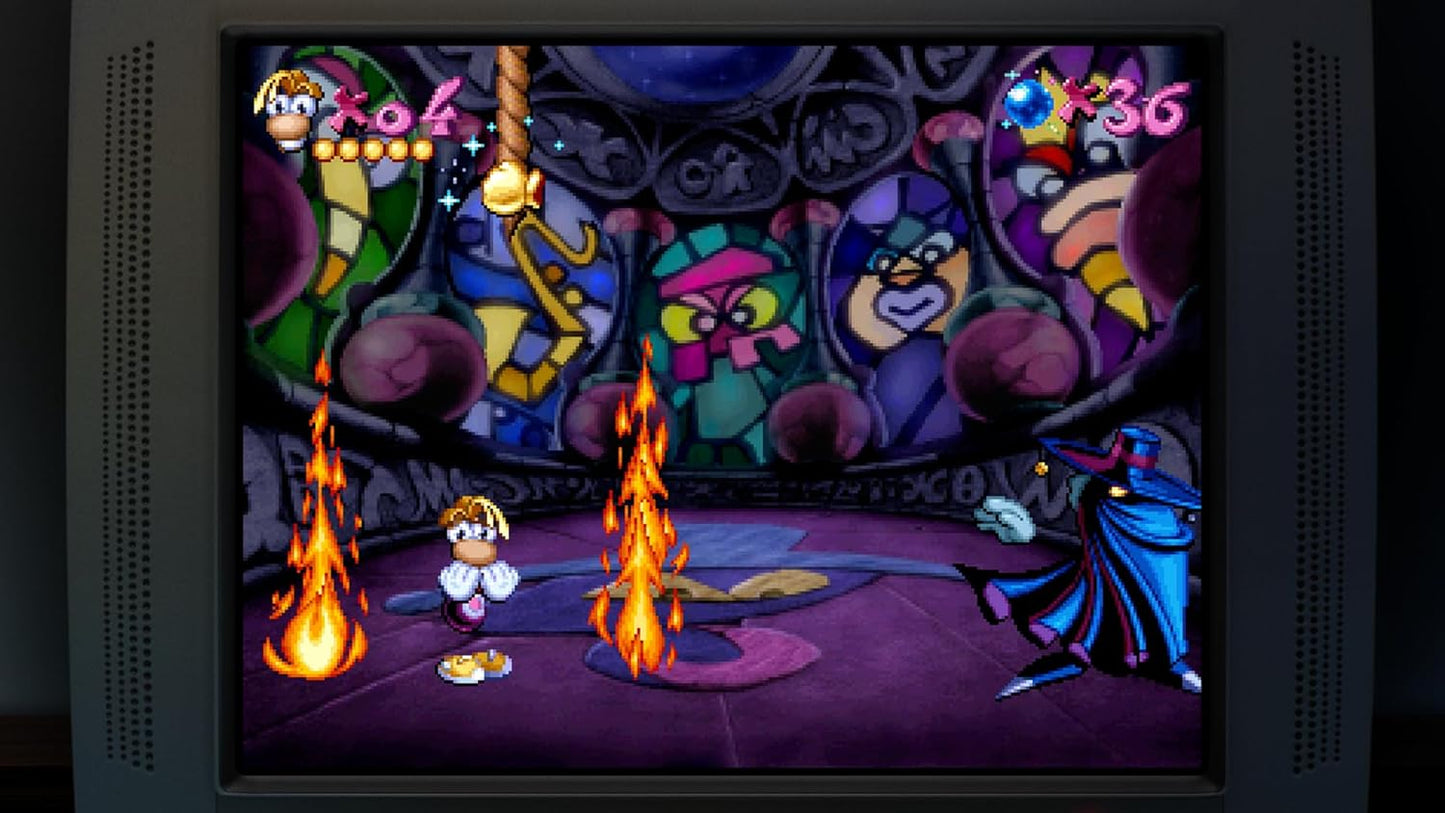 Video game screen displaying a colorful scene with characters and flames.