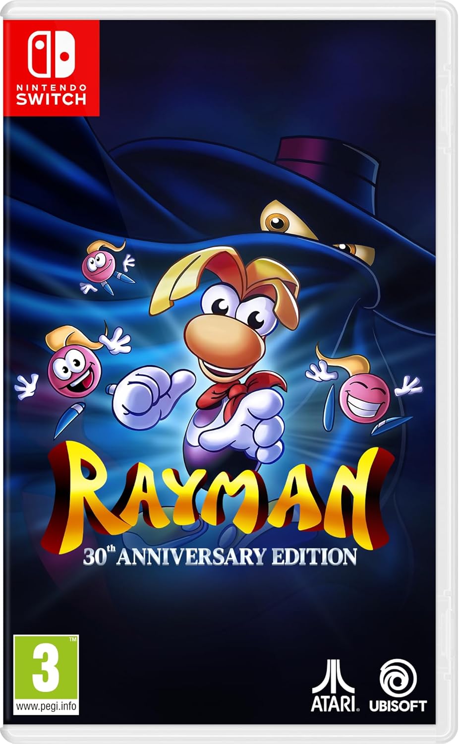 Rayman 30th Anniversary Edition game case for Nintendo Switch on a dark blue background