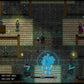 Screenshot of a turn-based RPG game with characters and blue glowing figure in a dungeon-like setting.