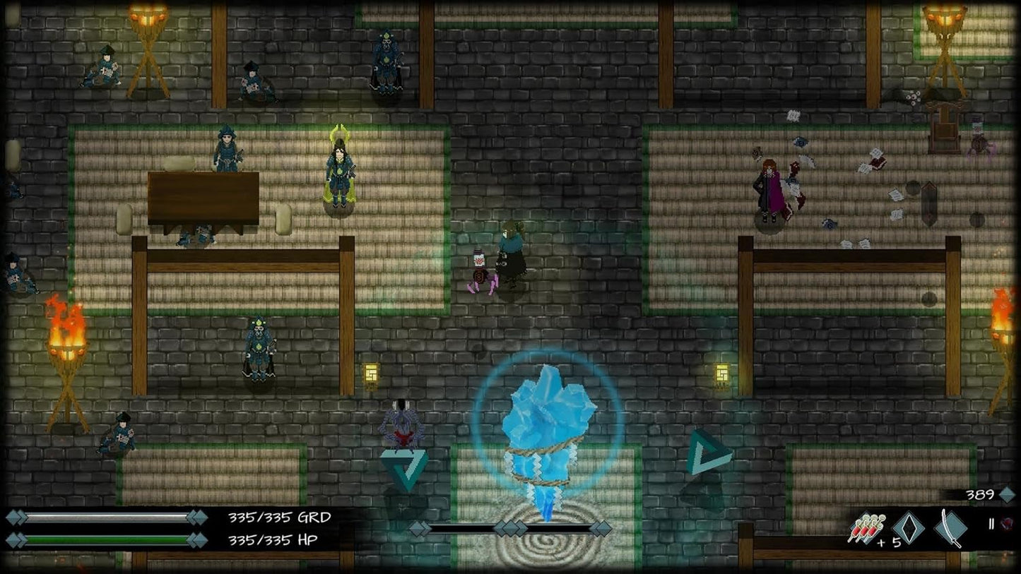 Screenshot of a turn-based RPG game with characters and blue glowing figure in a dungeon-like setting.