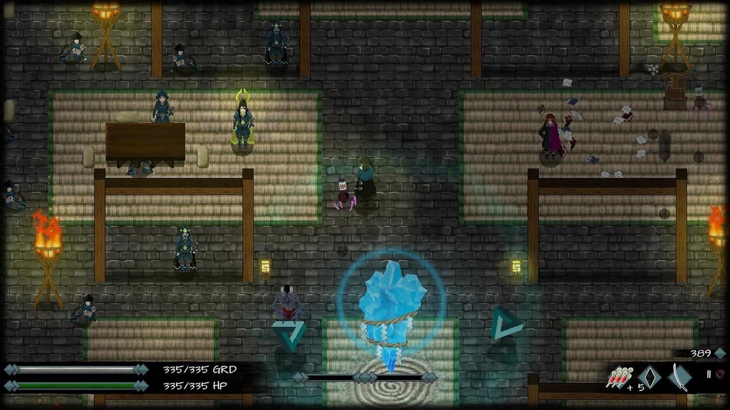 Screenshot of a turn-based RPG game with characters and blue glowing figure in a dungeon-like setting.