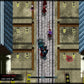 Pixelated game scene with characters and obstacles on a tiled floor.