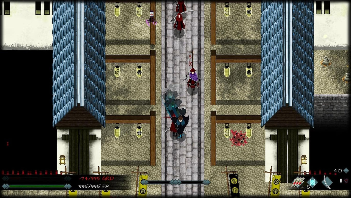 Pixelated game scene with characters and obstacles on a tiled floor.