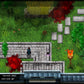 Pixel art game scene with characters in a garden setting