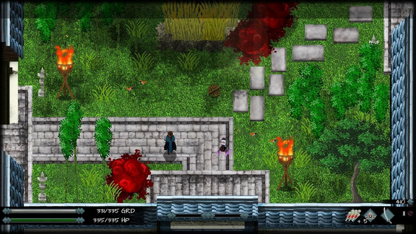 Pixel art game scene with characters in a garden setting