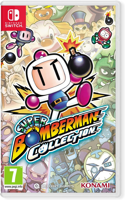 Super Bomberman Collection game box for Nintendo Switch with colorful design and character illustrations.