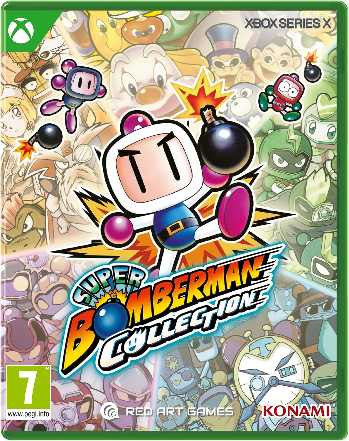 Front cover of the Super Bomberman Collection for Xbox Series X, featuring the main character Bomber in the center with a bomb and a bright yellow-orange explosive burst behind him. The background is a dense collage of many colorful game characters.