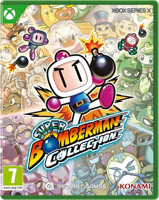 Front cover of the Super Bomberman Collection for Xbox Series X, featuring the main character Bomber in the center with a bomb and a bright yellow-orange explosive burst behind him. The background is a dense collage of many colorful game characters.