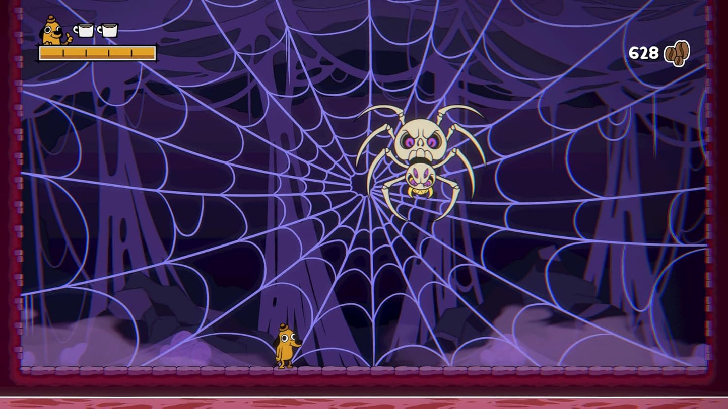 Cartoon character approaching a spider on a web with a dark background