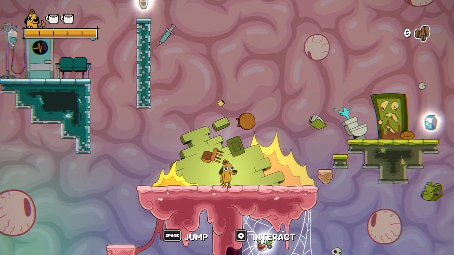 Platformer game level with character on a brain-shaped platform