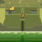 Pixel art game scene with a character and duck on a platform, set against a green background.