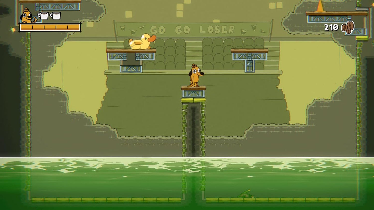 Pixel art game scene with a character and duck on a platform, set against a green background.