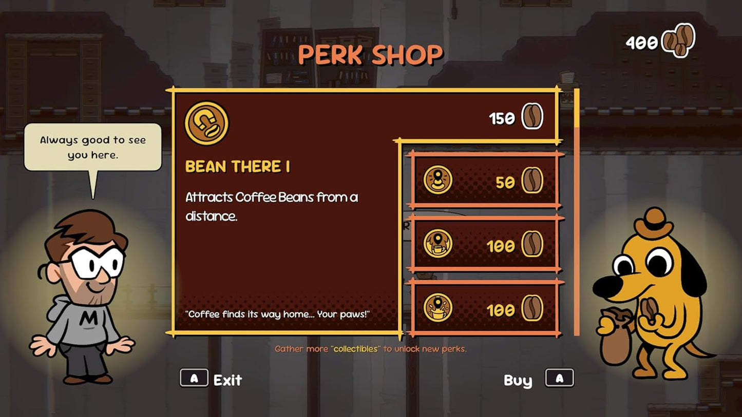 Perk shop interface with character interactions in a game setting