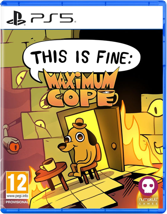 Video game cover for 'This is Fine: Maximum Cope' on PS5 with a cartoon dog and text.