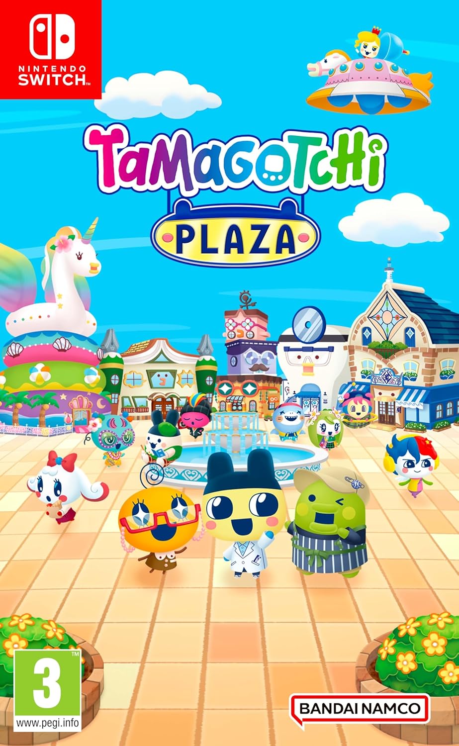 Tamagotchi Plaza game cover with colorful Tamagotchi characters and buildings on a blue sky background.