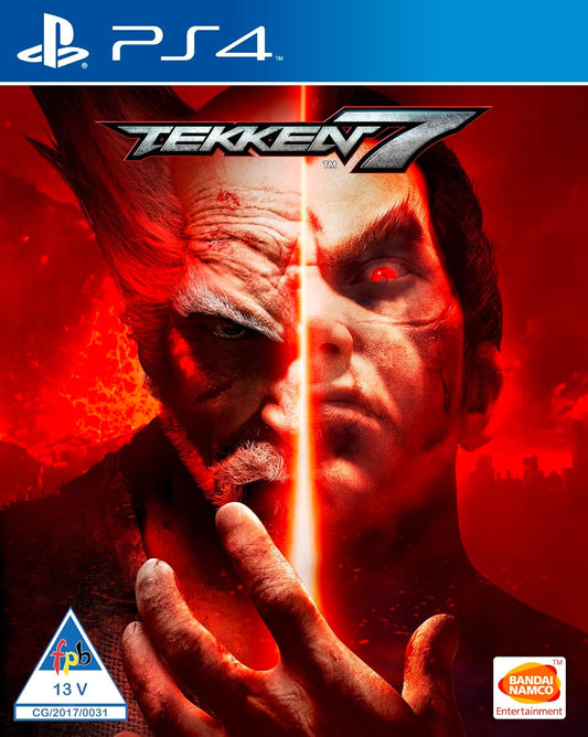 Game cover for Tekken 7 on PS4 with a split face design and red and black color scheme.