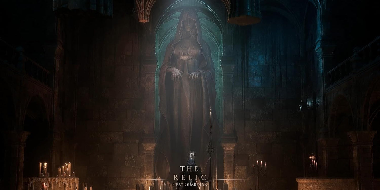 Dark, eerie scene with a cloaked figure in a dimly lit room, featuring the title 'The Relic'.