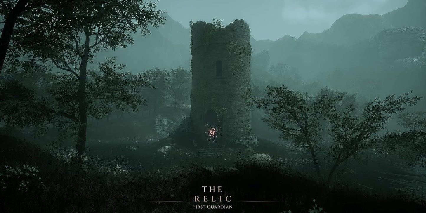Mysterious castle in a foggy forest with 'The Relic' text
