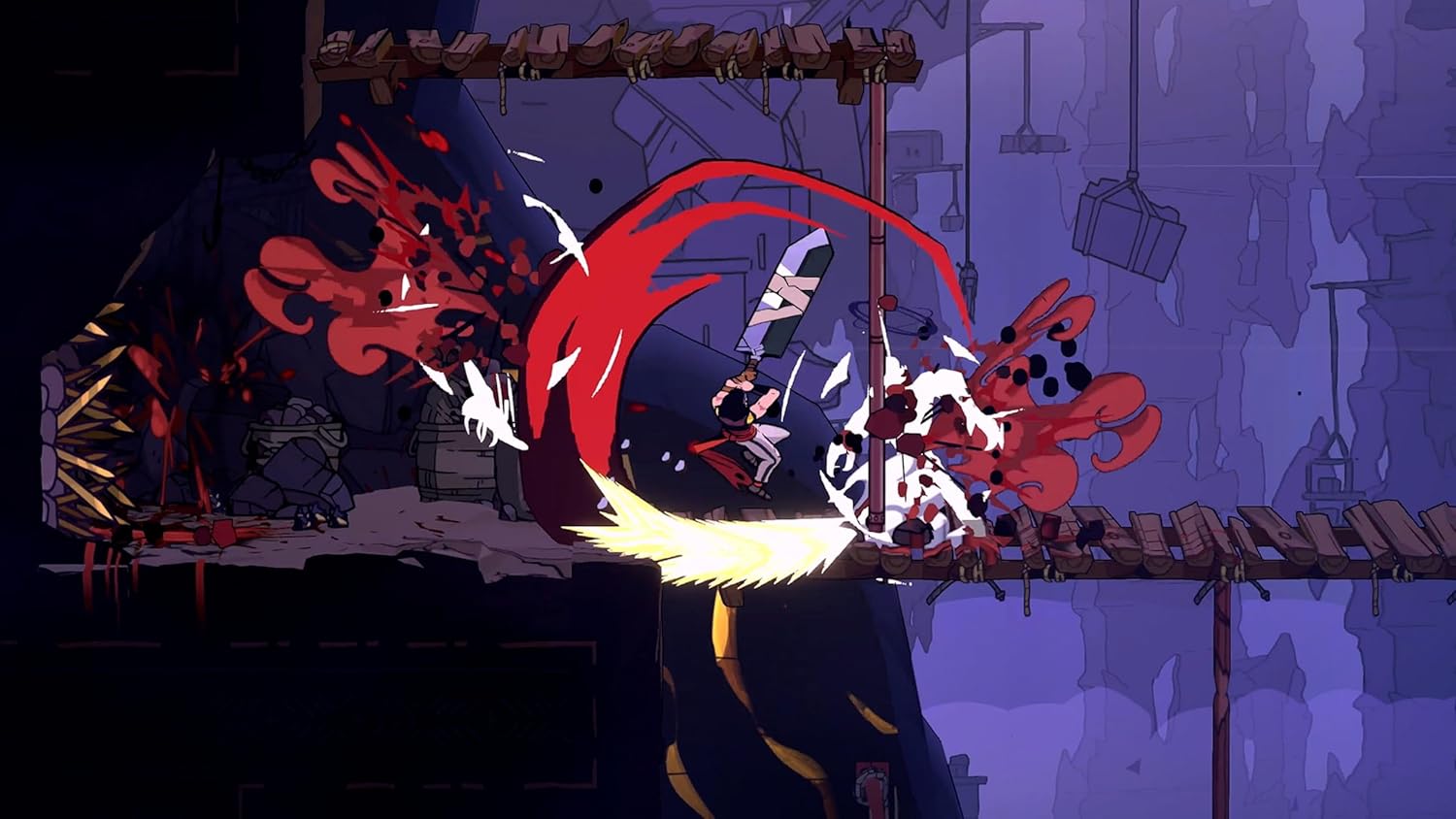 Animated character with red and white hair in a dark, action-packed scene