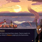 Game screen with character and text overlay against a sunset landscape