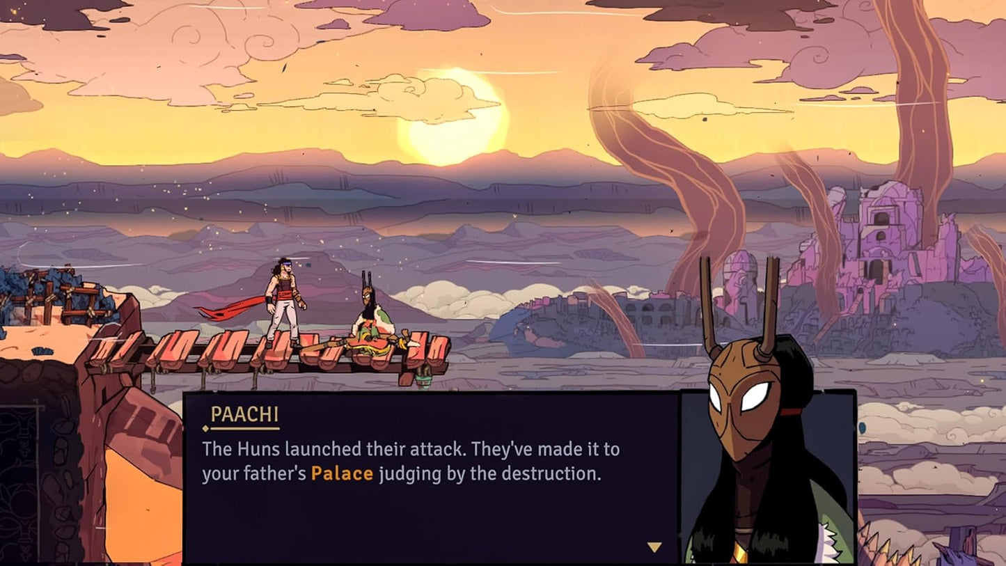 Game screen with character and text overlay against a sunset landscape