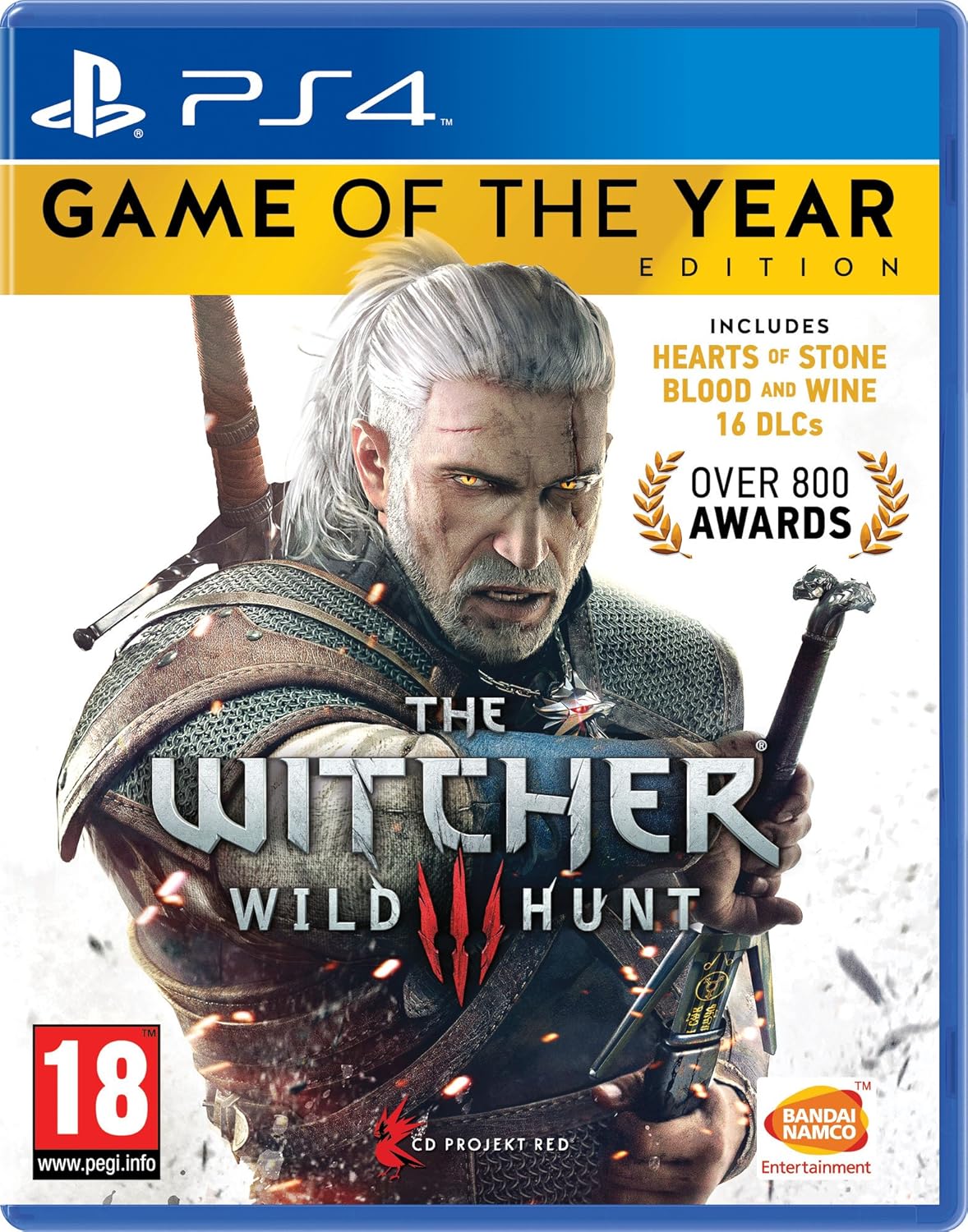 Game of the Year edition of 'The Witcher 3: Wild Hunt' for PS4 with Geralt holding a sword on the cover.