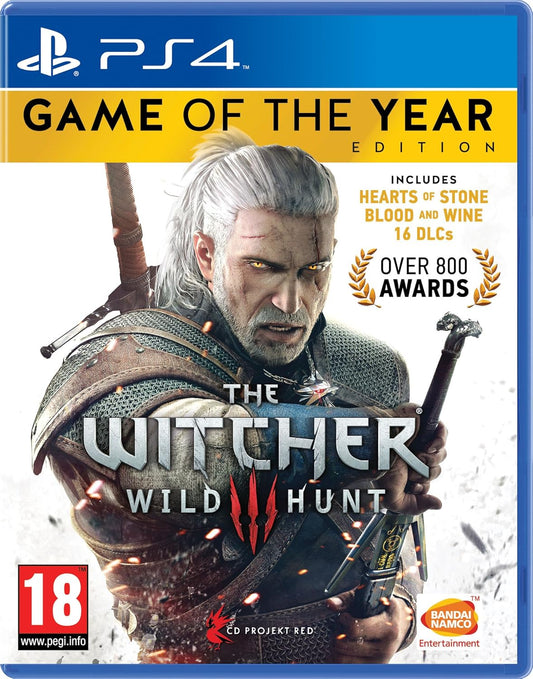 Game of the Year edition of 'The Witcher 3: Wild Hunt' for PS4 with Geralt holding a sword on the cover.