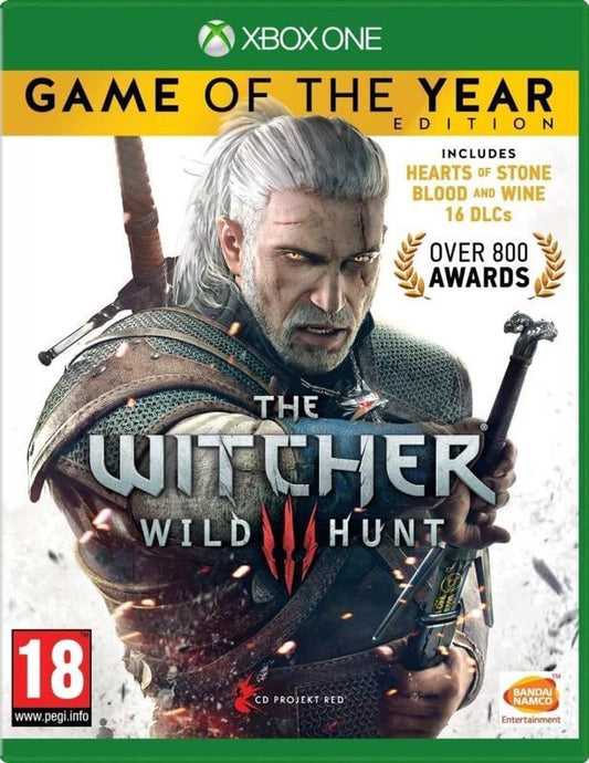 Game of the Year edition of 'The Witcher 3: Wild Hunt' for Xbox One with Geralt holding a sword.