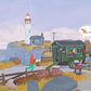 Surreal scene with a lighthouse, small house, and various characters and objects in a stylized setting.
