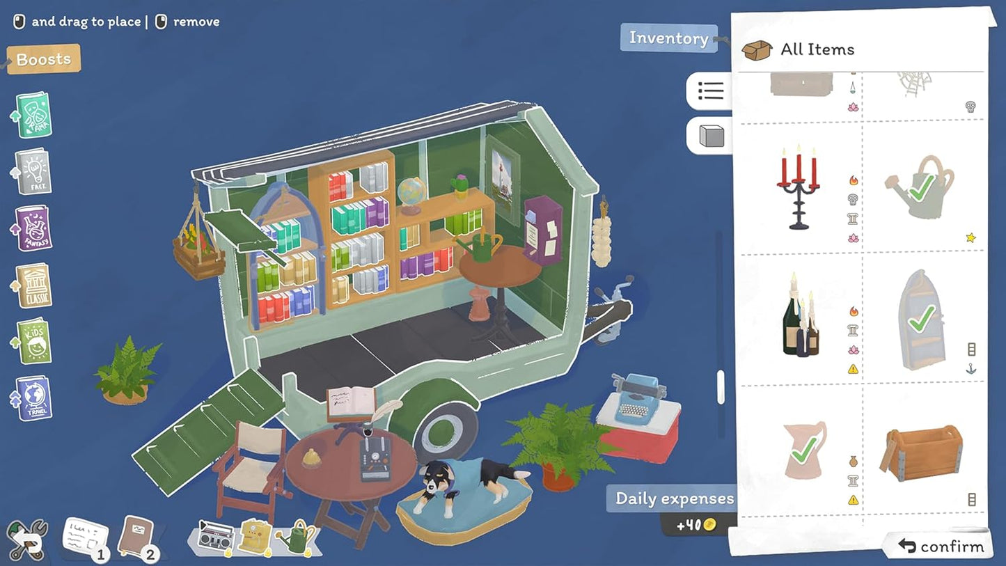 3D interior design software interface with a room layout and item inventory on a blue background.
