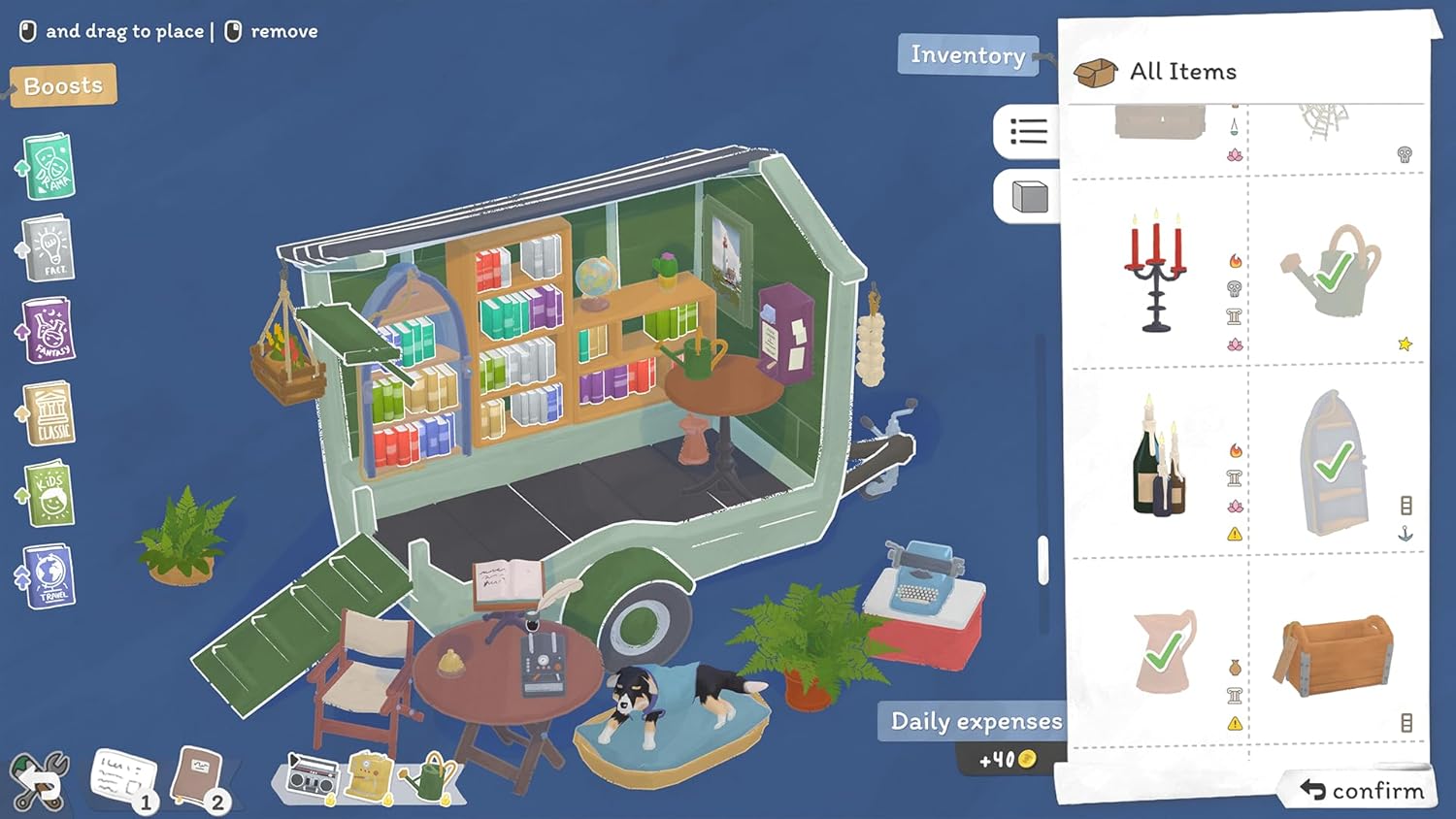 3D interior design software interface with a room layout and item inventory on a blue background.