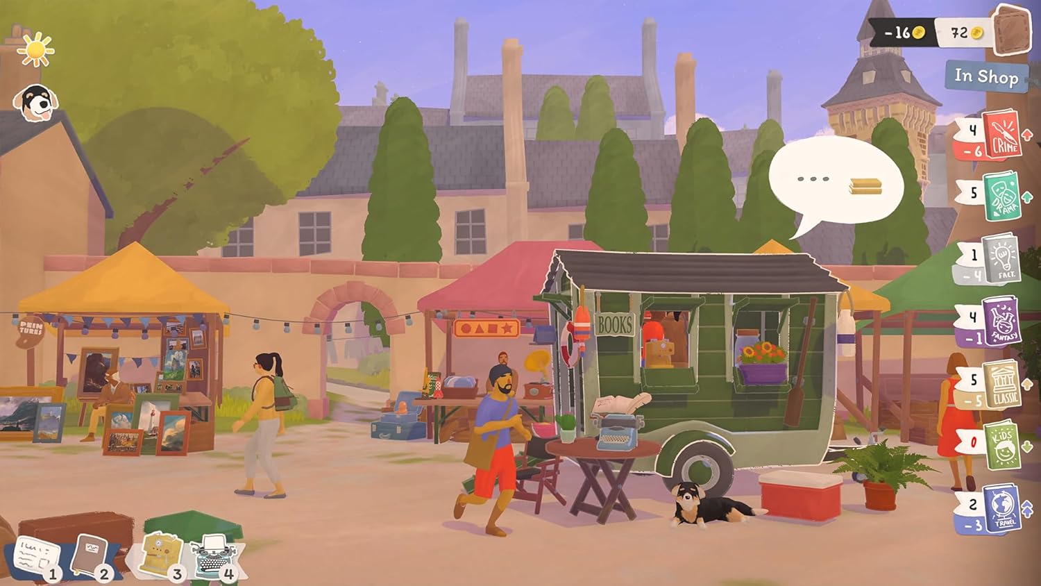 Surreal street scene with a food truck, people, and various objects in a cartoonish style.