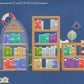Game interface with bookshelves and genre selection options on a blue background