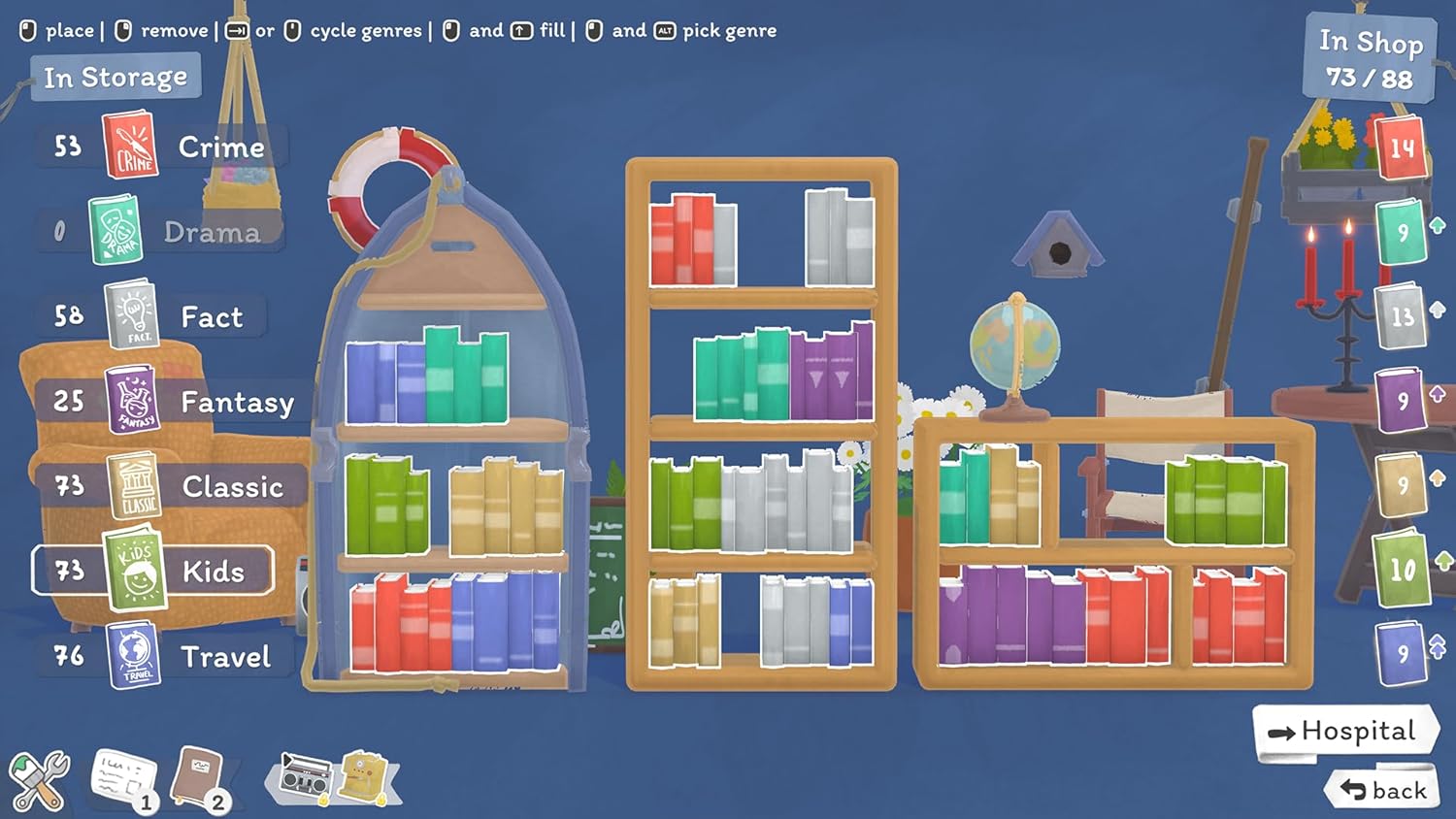 Game interface with bookshelves and genre selection options on a blue background