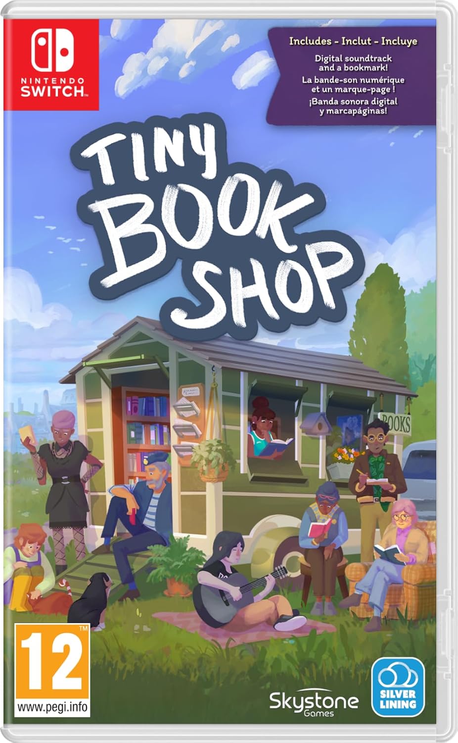 Box art for 'Tiny Book Shop' game on Nintendo Switch with cartoon depiction of a small bookshop.